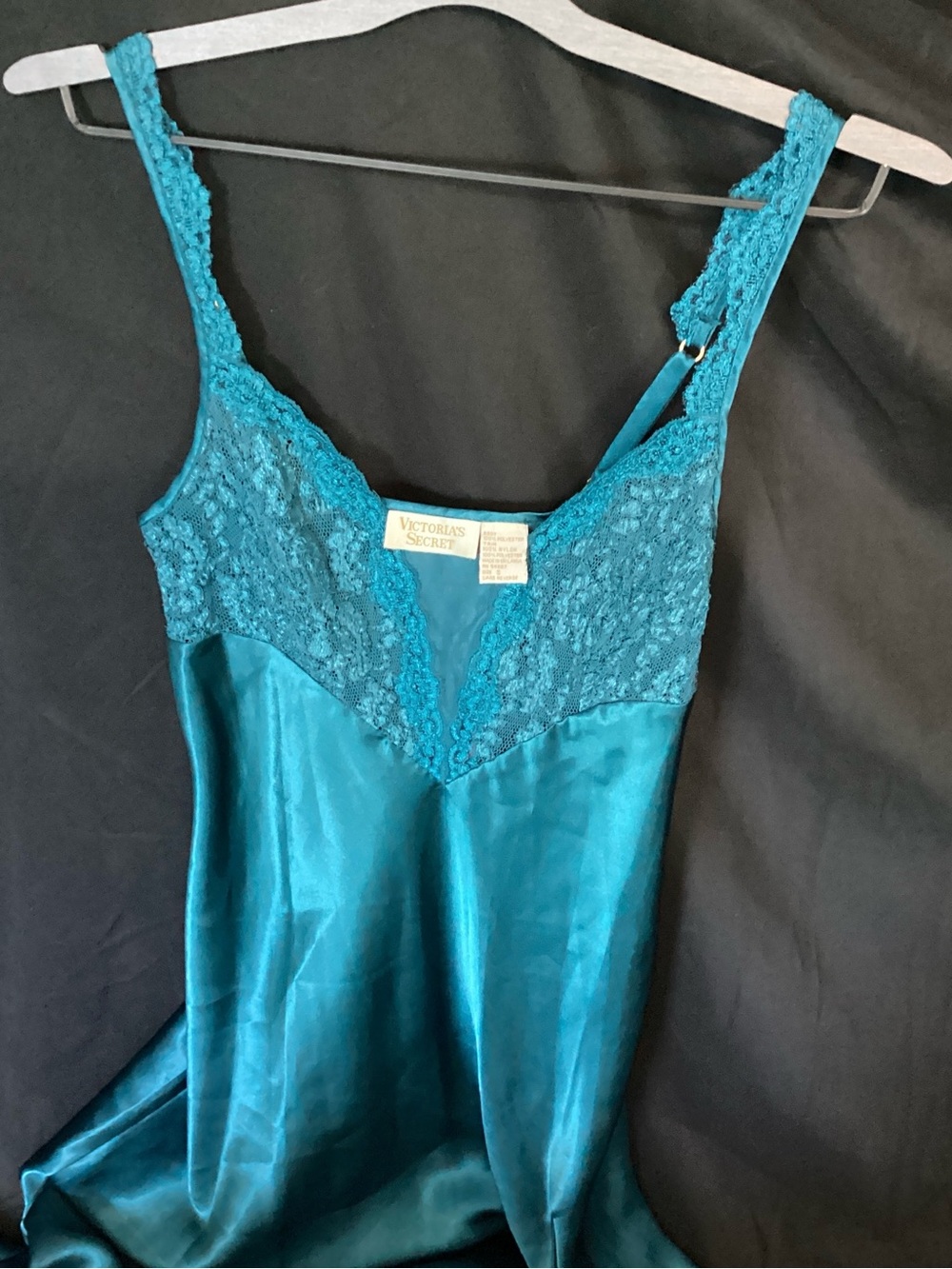 Vintage Victoria Secret Gold Label Teal Satin Lace Maxi Slip